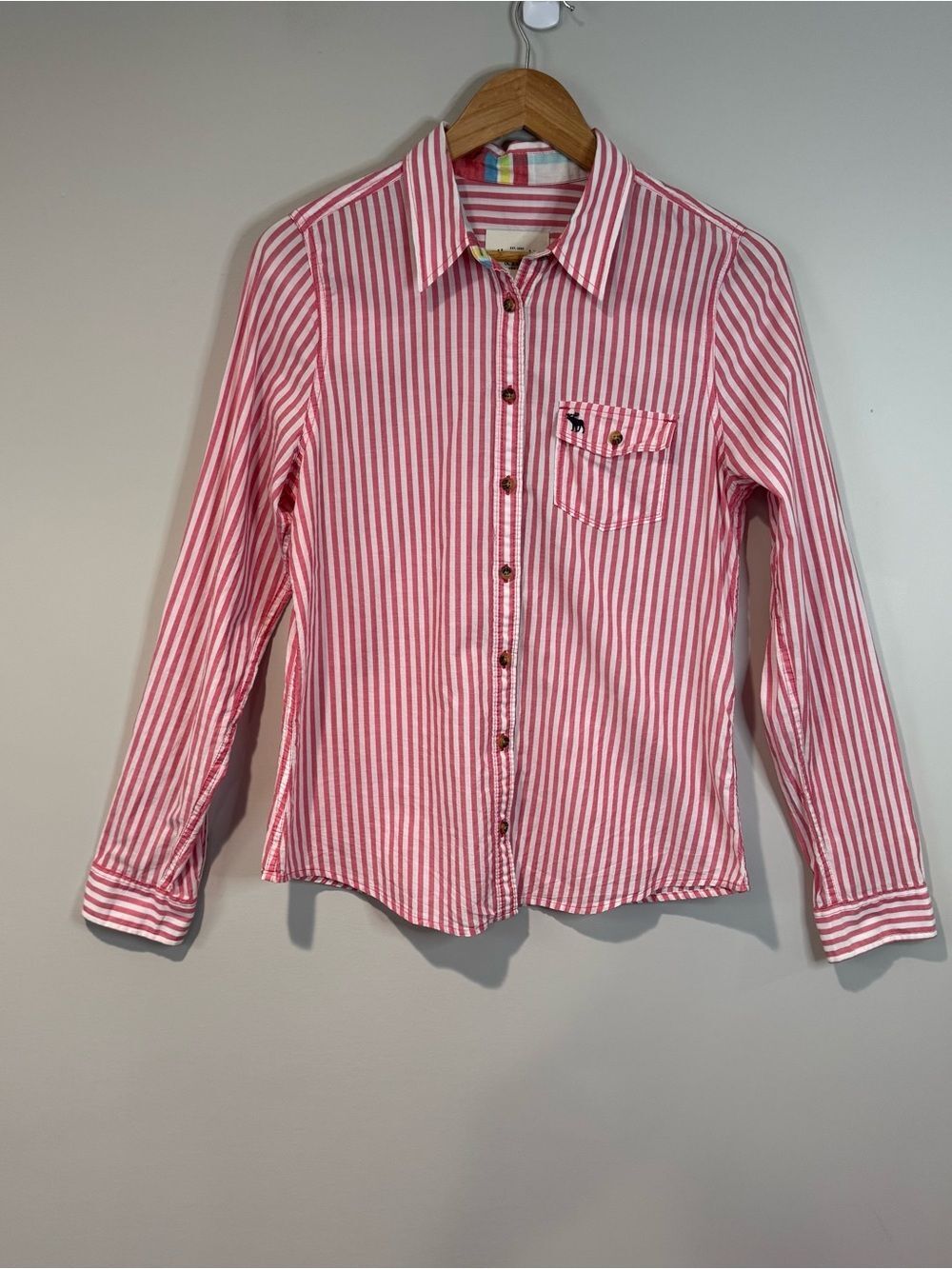 Abercrombie & Fitch Pink & White Striped Button Up Shirt Preppy Coastal Size L